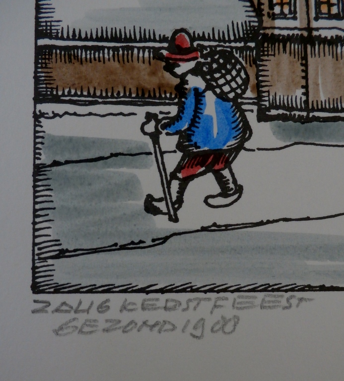 Toon Tieland - Handingekleurde litho: Zalig Kerstfeest Gezond 1988 - 1987 kopen? Bied vanaf 75!