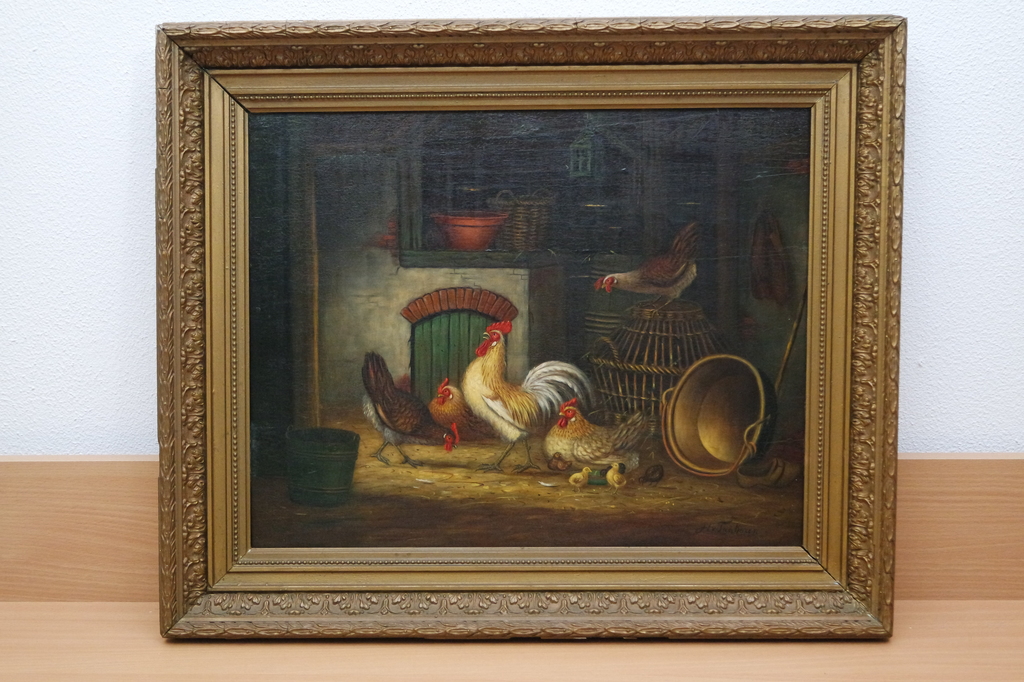Hermanus van TANKEREN (Breda 1900 - 1980) - olieverf op paneel - kippen kopen? Bied vanaf 190!