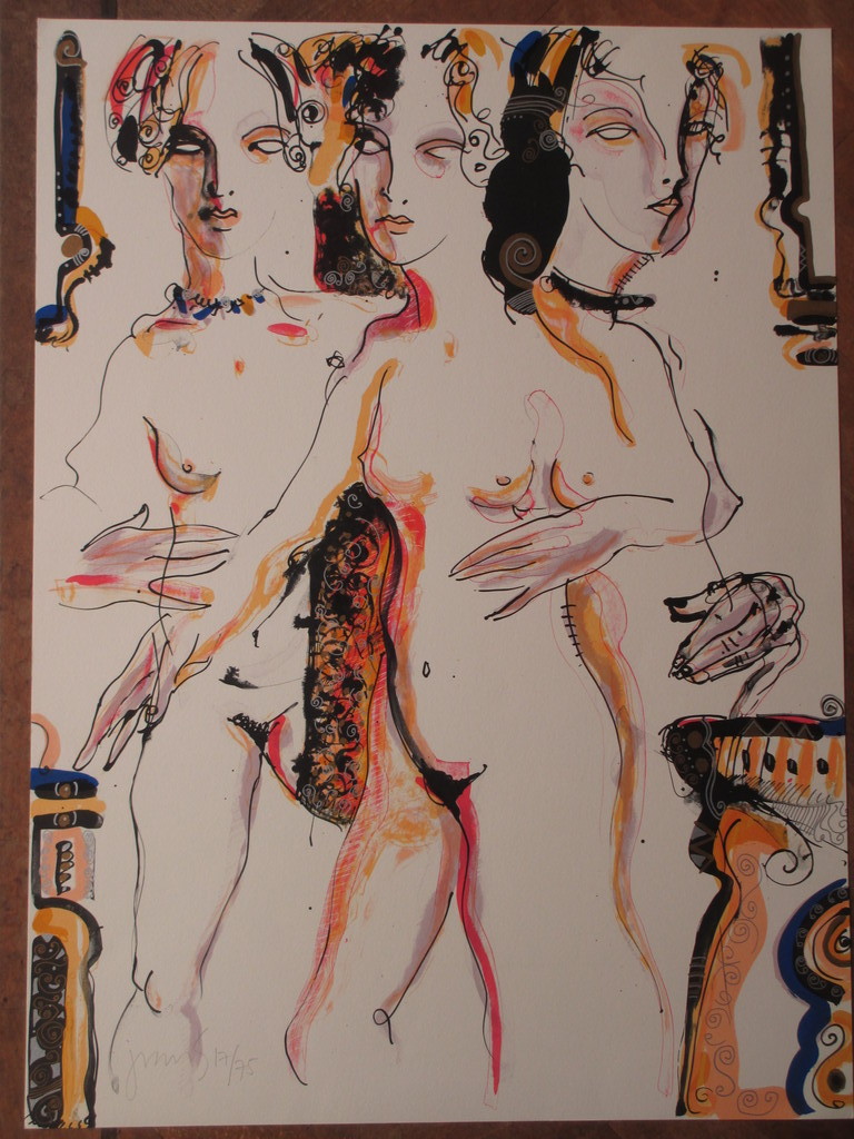 Jan Voss, Drie naakte dames, Handgekleurde litho kopen? Bied vanaf 50!