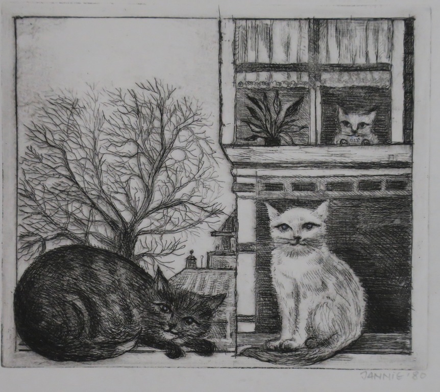 Onbekend gesigneerd (Jannie): Ets, Drie katten kopen? Bied vanaf 1!