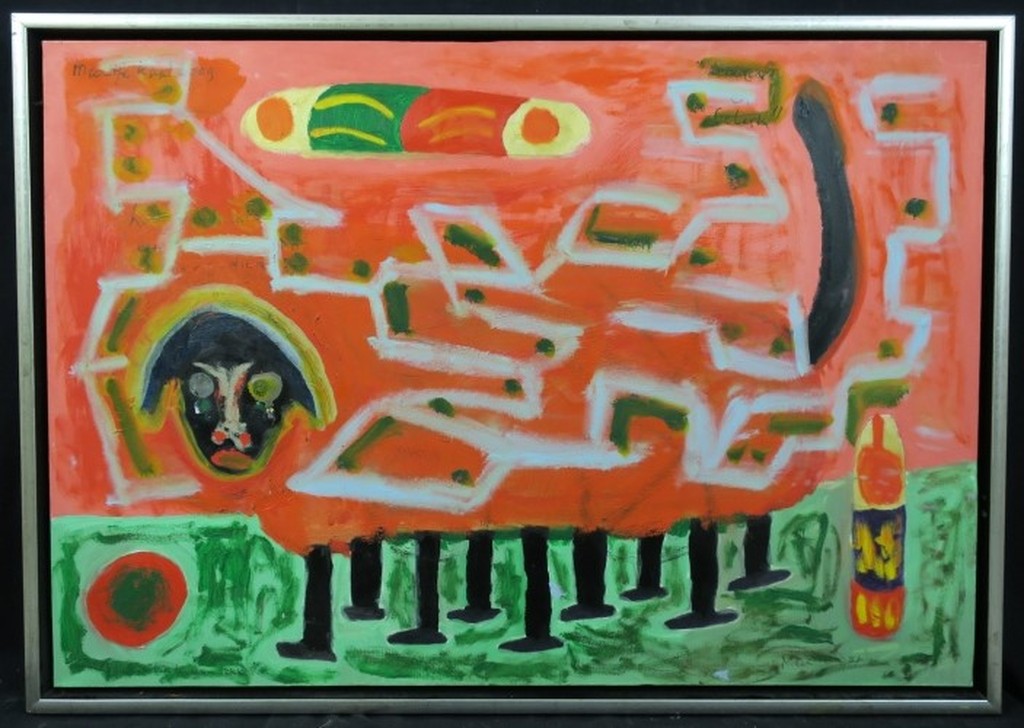 Meertje Kaal: Acryl en Olieverf op doek, Foute, maar tevreden tekkel - Ingelijst verkocht voor € 49!