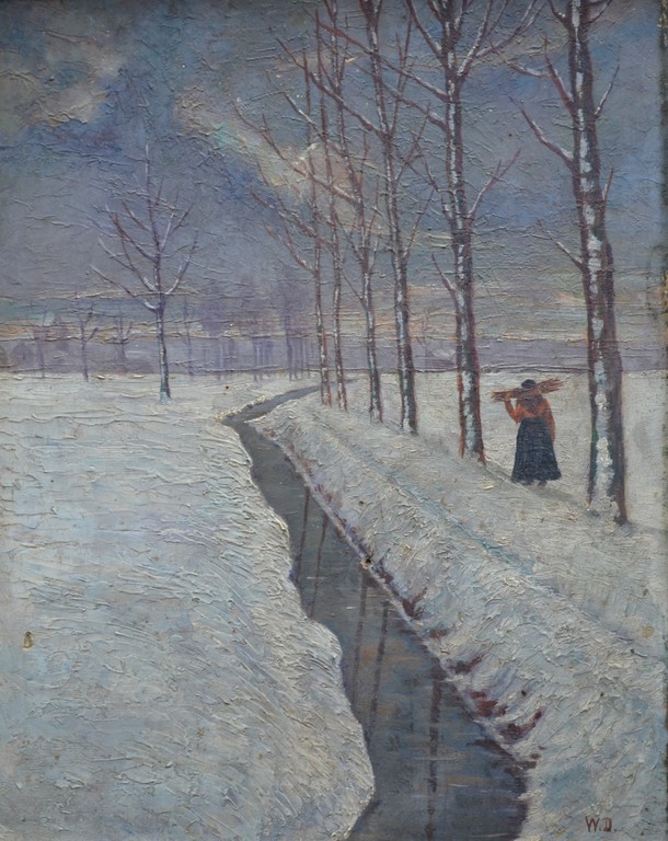 Onbekend (monogram W.D.): olieverf op paneel, winters landschap kopen? Bied vanaf 20!