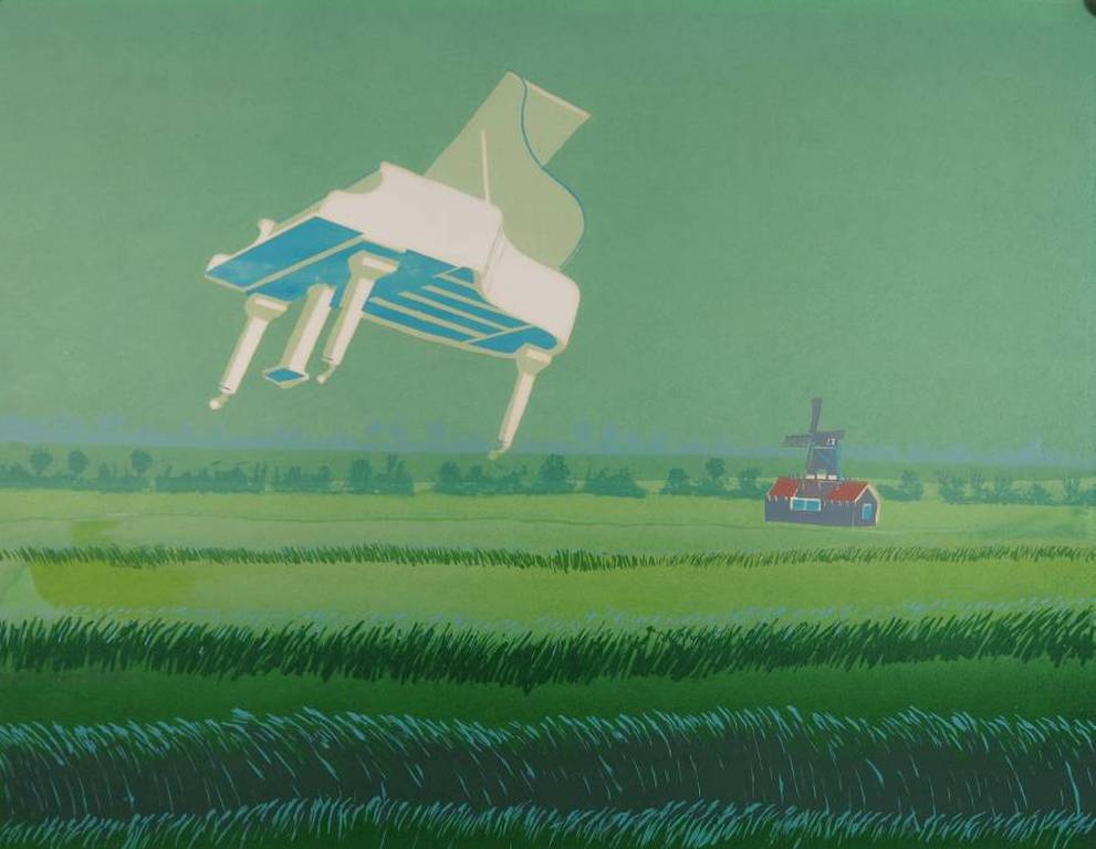 Jurjen Fontein: Zeefdruk, Vleugel vliegend in polderlandschap verkocht voor € 35!