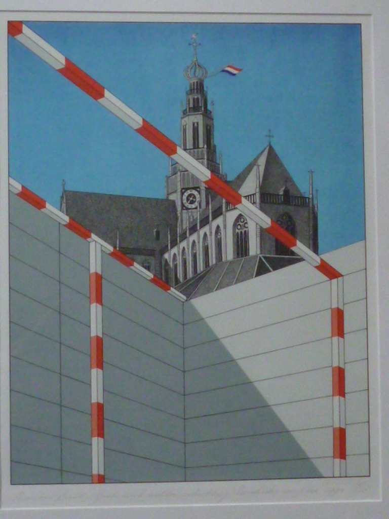 Marinus Fuit - kleurenlitho - Grote Kerk achter schutting Enschede-complex kopen? Bied vanaf 100!
