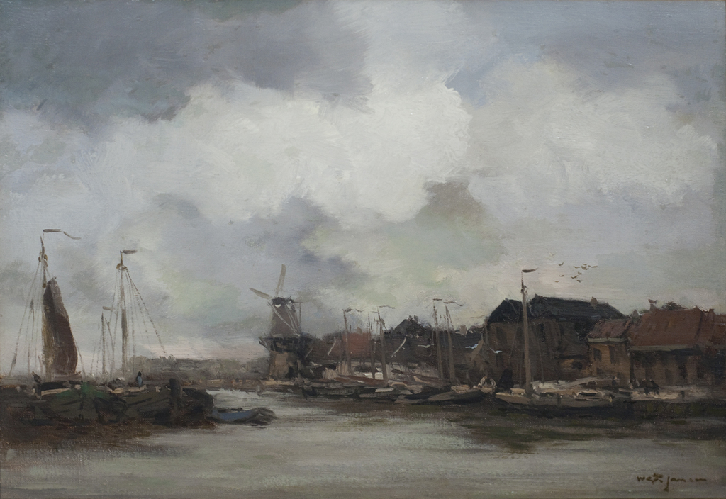 W.G.F. Jansen, Riviergezicht met molen, olieverf op doek, gesigneerd kopen? Bied vanaf 1450!