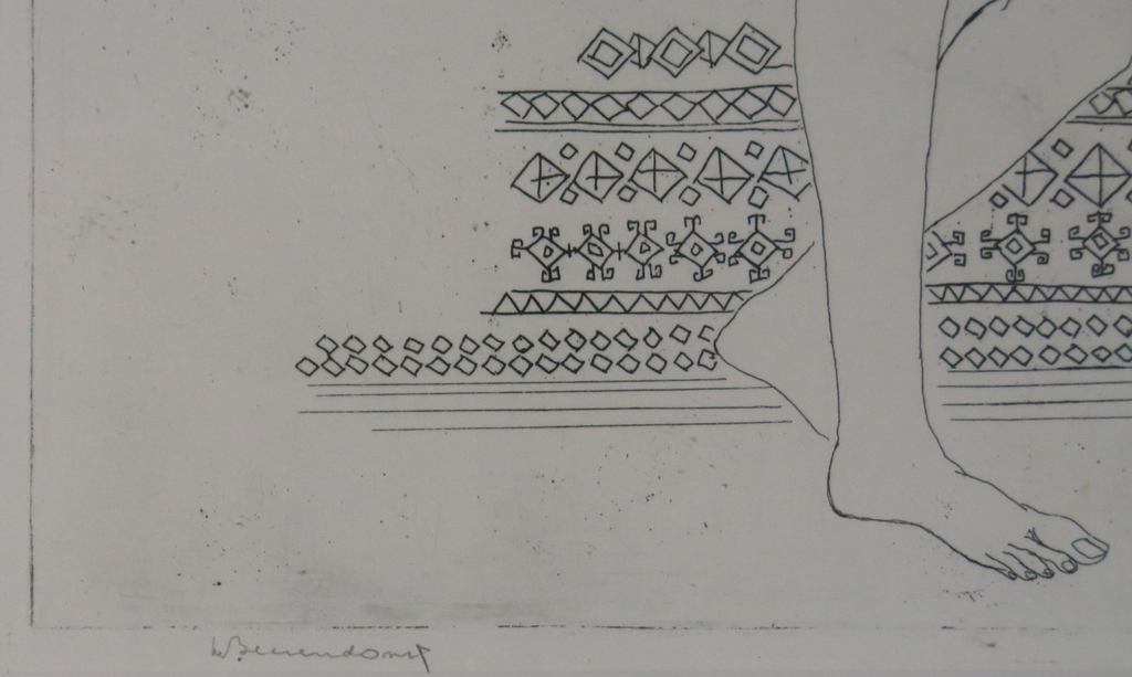 Theo Beerendonk: Ets, Naakt staand tegen gedecoreerde achtergrond, incl. boek kopen? Bied vanaf 100!