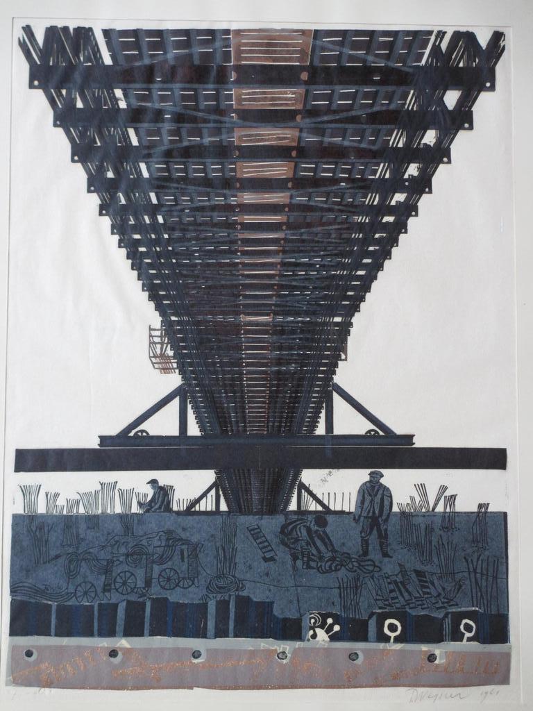 Toon Wegner, Bruggenbouw, Kleurenhoutsnede verkocht voor € 50!