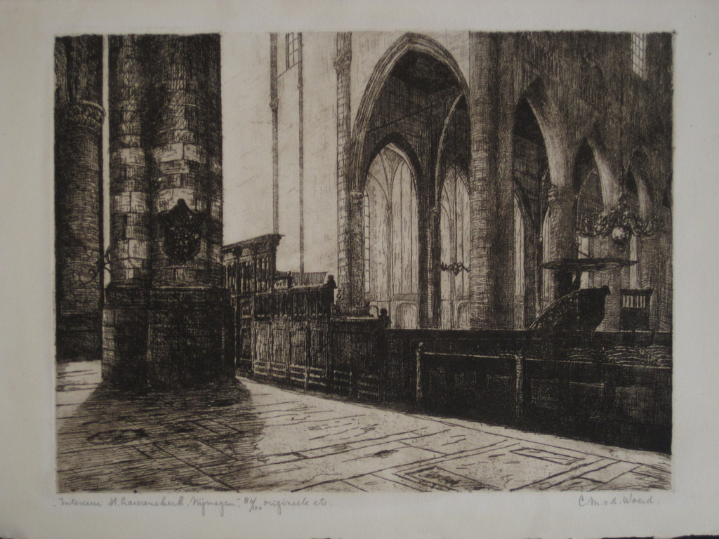 Grote ets "interieur st. Laurenskerk Nijmegen" gesigneerd C vd Woerd 1901-1994 kopen? Bied vanaf 1!