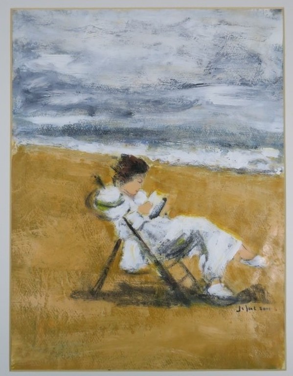 Jose van Gool: Acryl op papier, Lezende vrouw verkocht voor € 40!