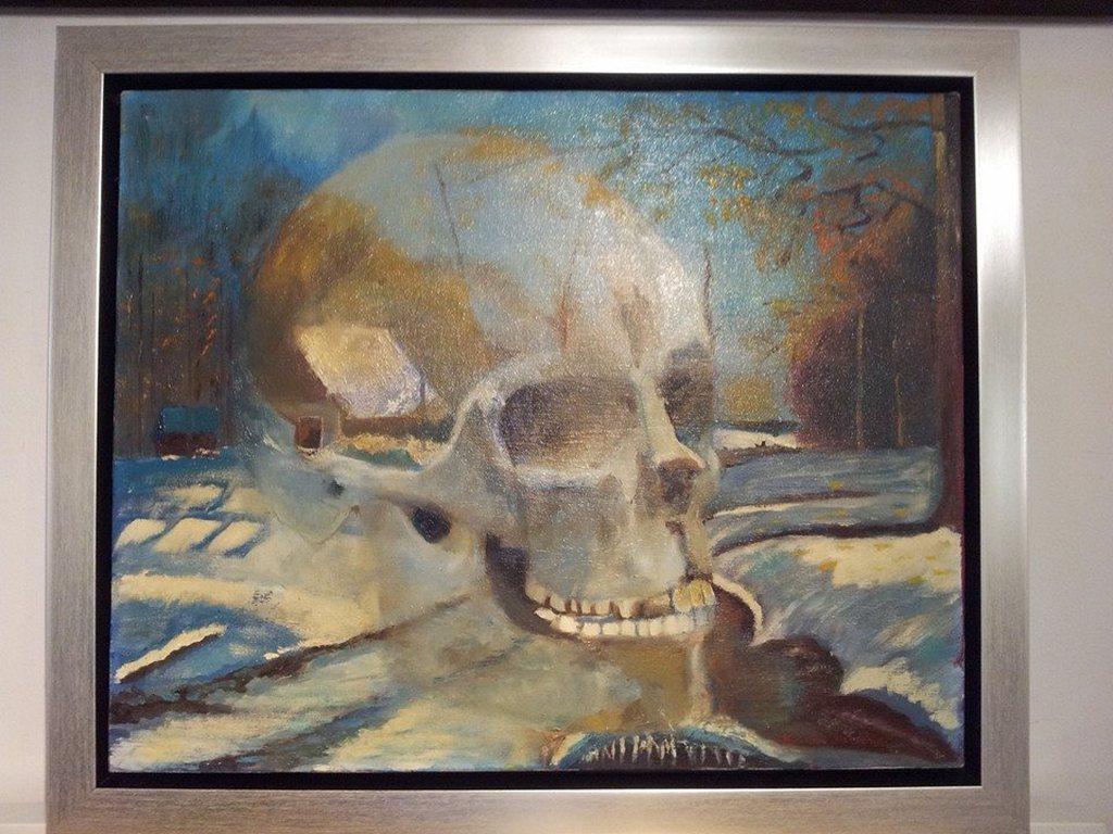 SKULL in Landscape '' - Olieverf op Hout - Gedateerd 1999 - Fraai Gelijst ! kopen? Bied vanaf 99!