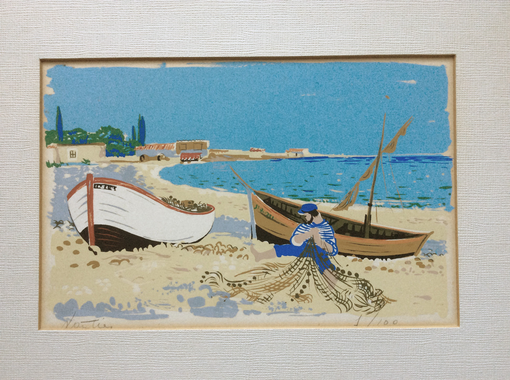 Visser aan het strand - lithografie, gesign. ca.1960 kopen? Bied vanaf 1!