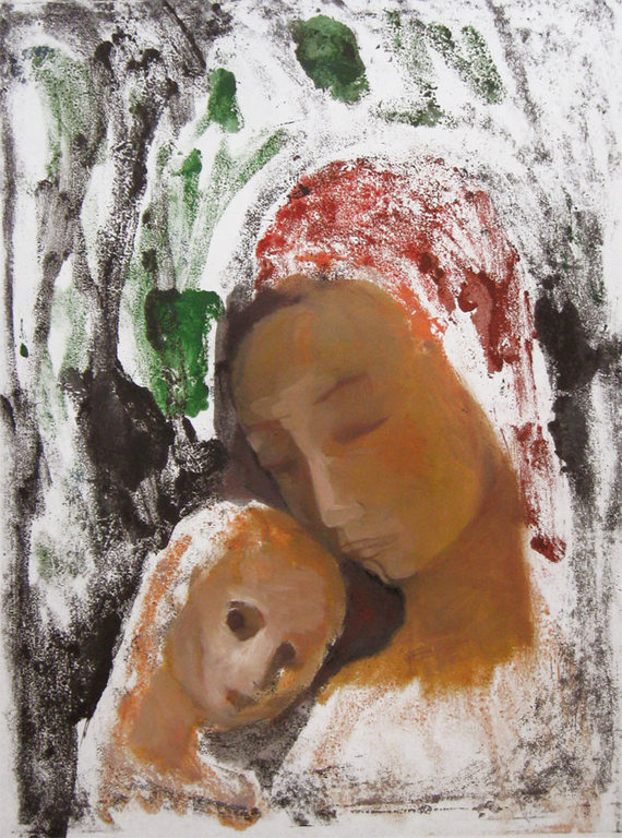 IRENE JOFFROY, olieverf op papier, moeder en kind kopen? Bied vanaf 40!