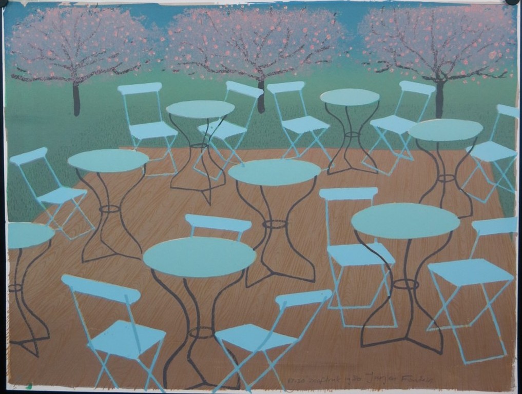Jurjen Fontein: Zeefdruk, Terras met Appelbomen verkocht voor € 35!