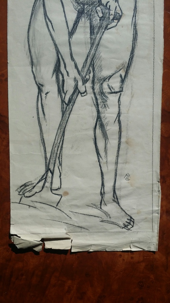Onbekend. Tekening. Man met schep. kopen? Bied vanaf 5!