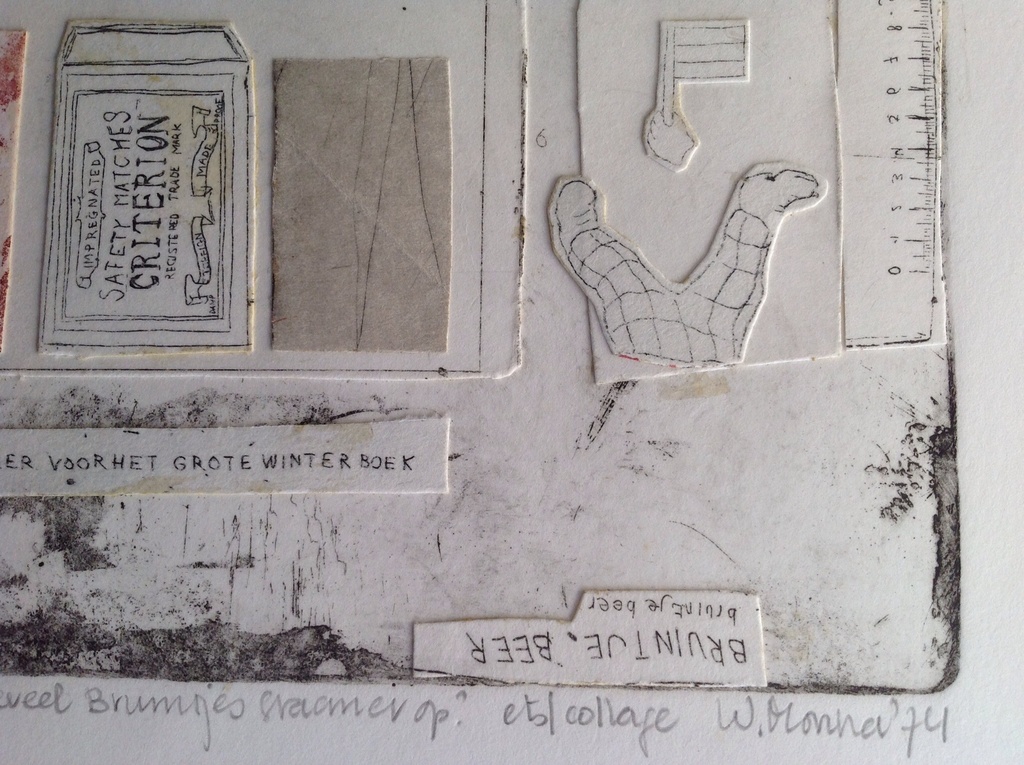 W.Monna : kleurets : ets , collage met bruintje beer , 1974 kopen? Bied vanaf 45!