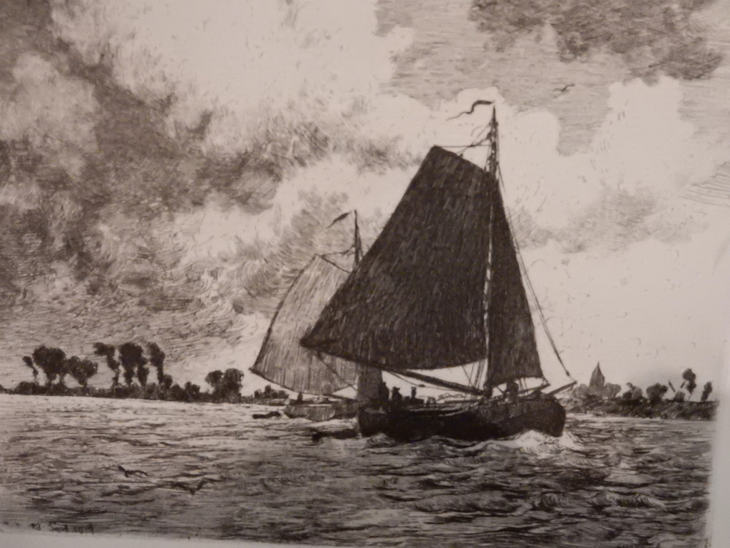 Hendrikus Roodenburg, ets, Tjalken op de Rijn.r.o. gesigneerd. verkocht voor € 75!