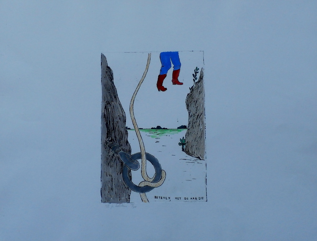 Pieter Holstein - kleurenets: Ketenen, met de aarde - gesigneerd  verkocht voor € 75!