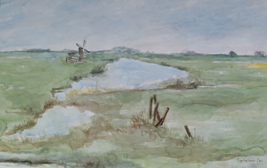 André Tigchelaar: Aquarel, polder landschap kopen? Bied vanaf 1!