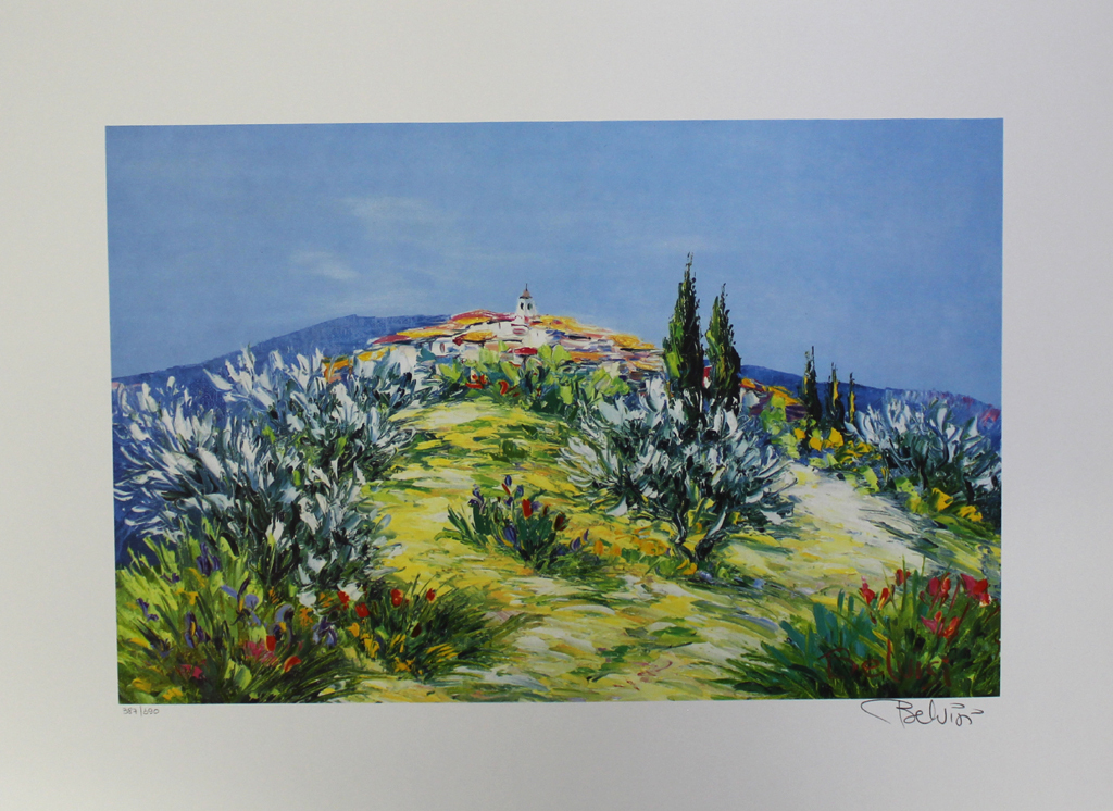 MARCEL BELVISI - KLEINES WEILER AUF EINEM HÜGEL, grote litho, handgesigneerd kopen? Bied vanaf 1!