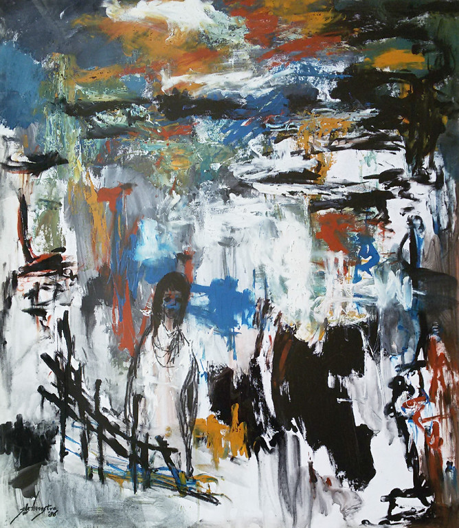 Jelle Hoogstra - Vrouw in expressionistisch landschap, gouache (mooi ingelijst) verkocht voor € 150!