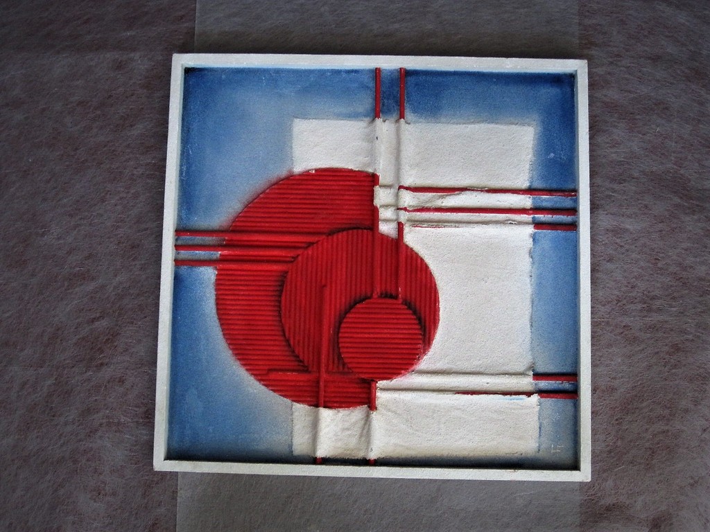 Bijzonder omstreeks 1960 geometrisch abstract materie schilderij gemonogrammeerd verkocht voor € 45!