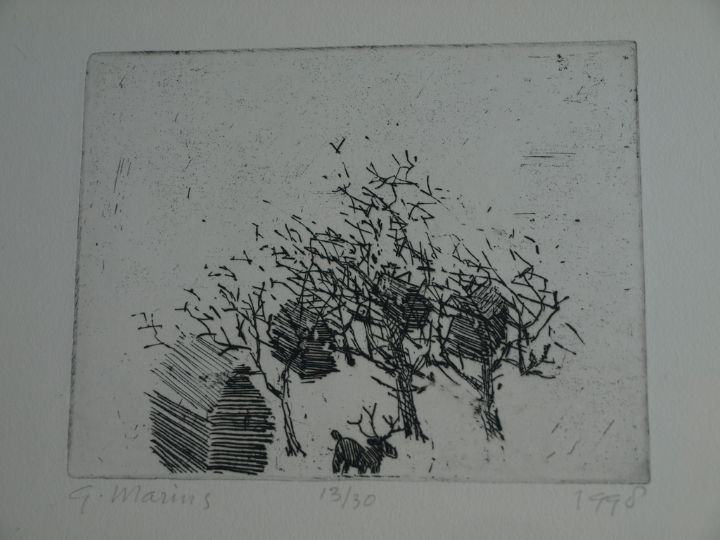 Geert Maring : Ets , Landschap met rendier – Gesigneerd & ingelijst – 1998 kopen? Bied vanaf 1!
