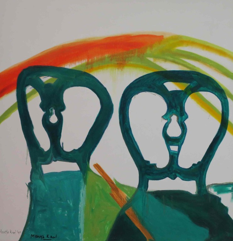 Meertje Kaal: Acryl op doek, Z.T. Twee stoelen - Ingelijst (Groot!) kopen? Bied vanaf 80!