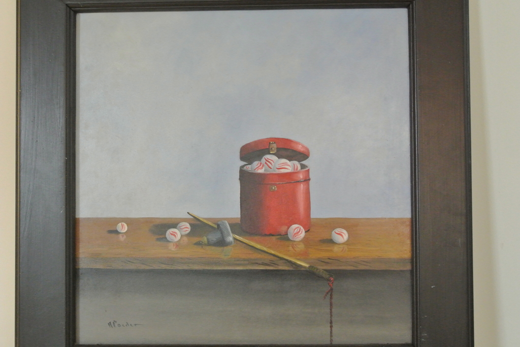 Henk Poeder, Stilleven, Olieverf op board. Kinderspeelgoed. verkocht voor € 125!