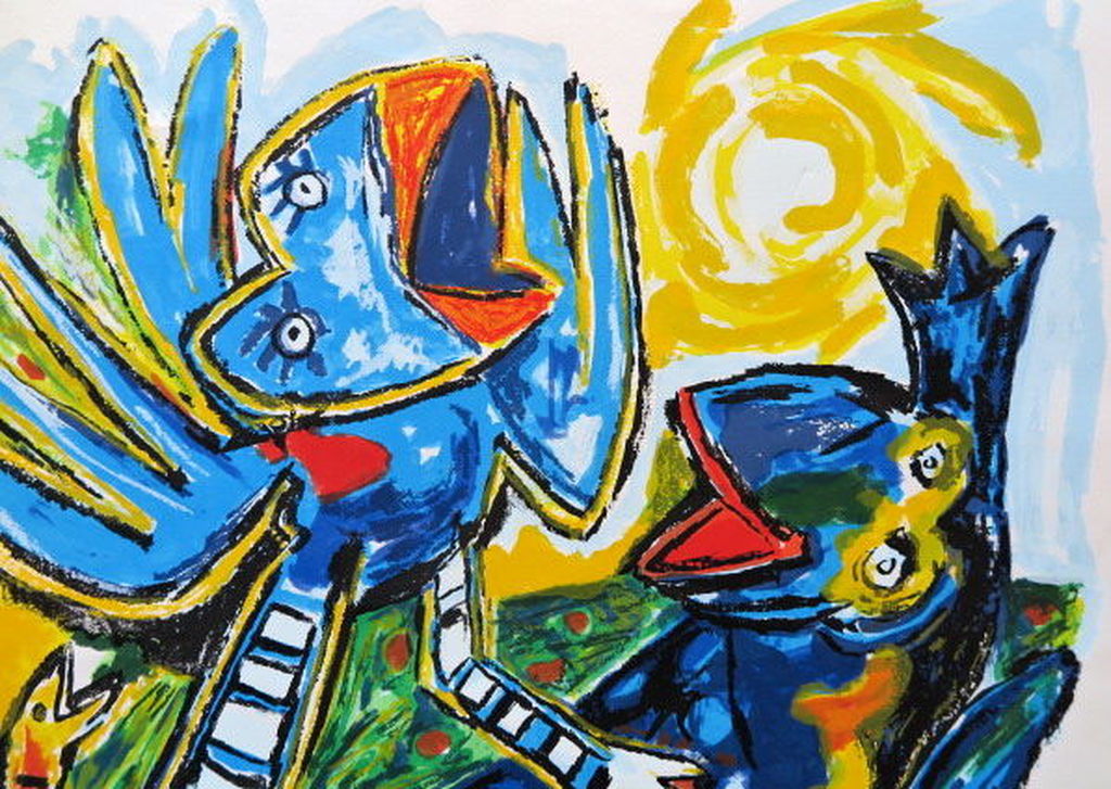 John Lie a Fo - Blue singing birds in the sun - zeefdruk (groot) handgesigneerd kopen? Bied vanaf 1!