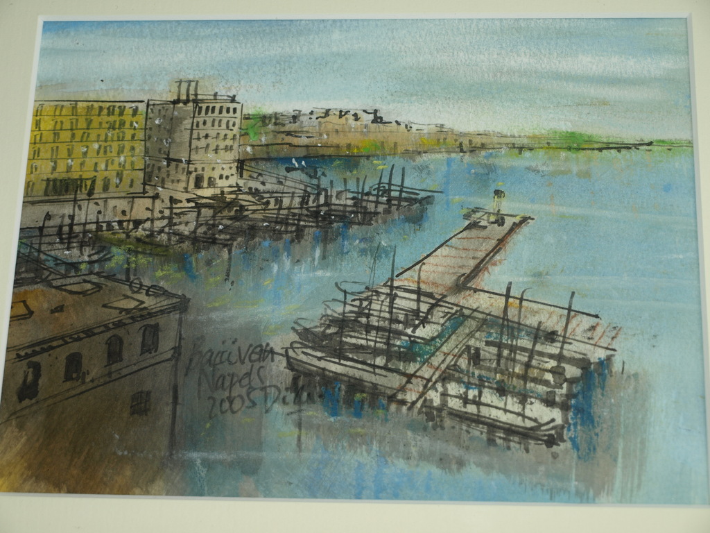 DICK VOS (1942) – Gemengde techniek –“Baai van Napels” – Gesigneerd & ingelijst  verkocht voor € 45!