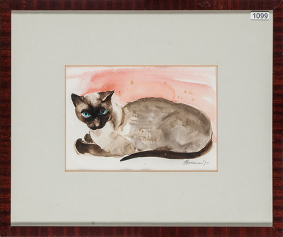 Hannie Bouman (1919 Curacao - aquarel - siamese kat/poes 15x22 (33x39)  verkocht voor € 40!