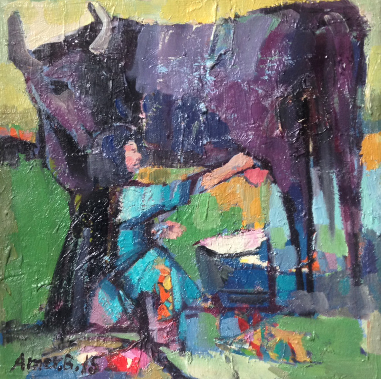 Amer Bader; Buffel, miniatuur, olie op canvas kopen? Bied vanaf 70!