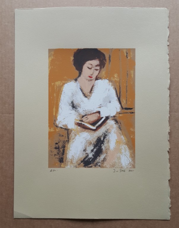 Dame met boek - gesigneerde zeefdruk op papier  kopen? Bied vanaf 40!