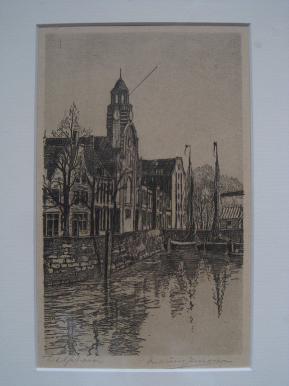 Marius Janssen 1885-1957 mooie ets "Delfshaven" gesigneerd omstreeks 1920 kopen? Bied vanaf 1!