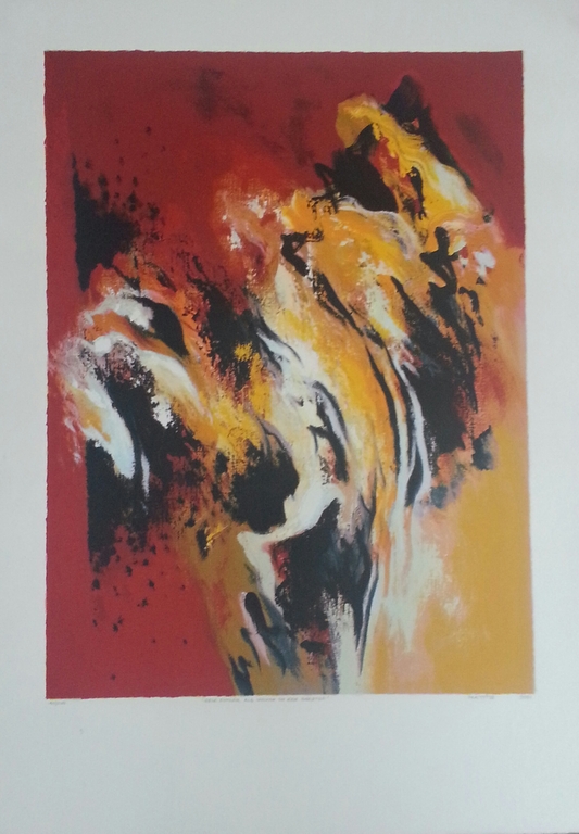 Mattie Schilders, zeefdruk op papier, titel: Gele rotsen, als wolken om een berg kopen? Bied vanaf 40!