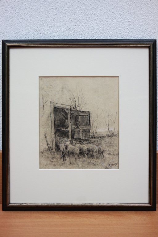 Anton Mauve (1838-1888) - houtskooltekening - Boer met zijn schapen kopen? Bied vanaf 1750!