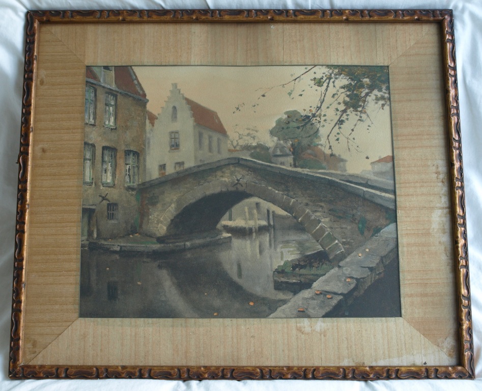 Willem Alexander Knip – Litho, Peerdenbrug in Brugge - ingelijst - ca 1935   kopen? Bied vanaf 1!