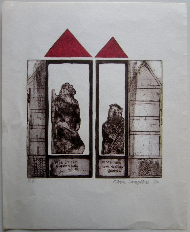 Karin Campfens (1946) - Alkmaar - gesigneerde litho 1990 - Glazen huis kopen? Bied vanaf 10!