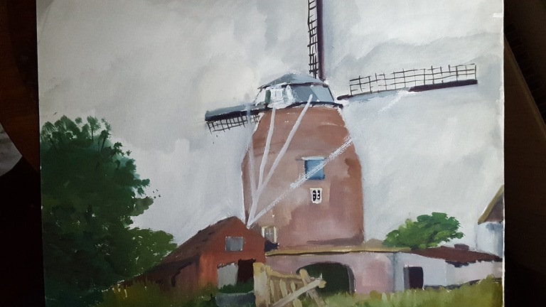 A. Huijsmans-evers: Aquarel, molen in landschap kopen? Bied vanaf 1!