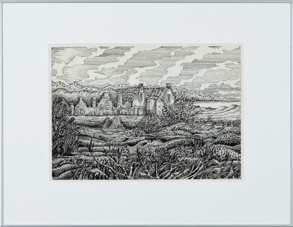 Hans Boon: Pentekening, Verzand dorp - Ingelijst kopen? Bied vanaf 1!