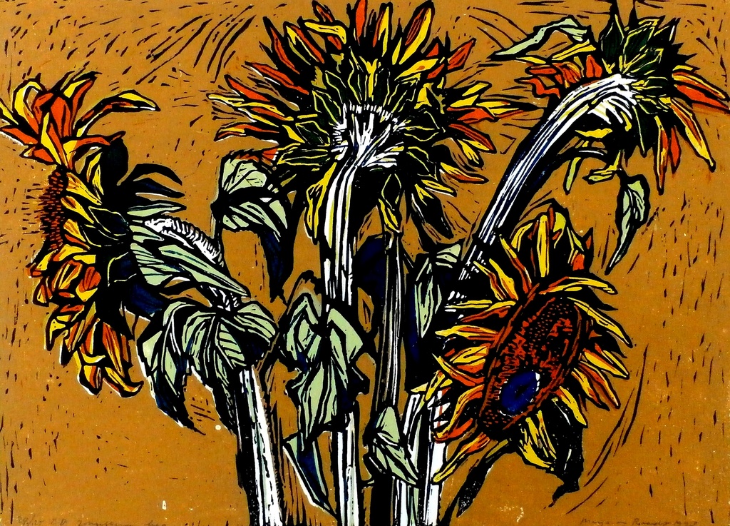 Marja de Raadt - linosnede: Zonnebloemen - 1993 kopen? Bied vanaf 55!