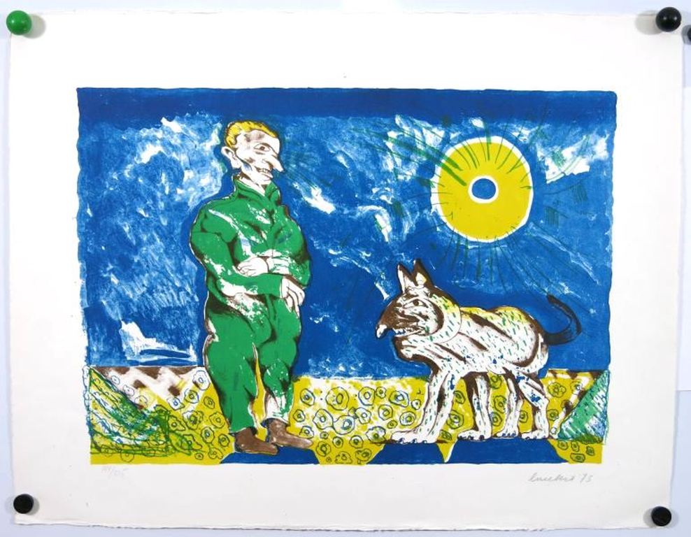 Lucebert: Kleurenlitho, Een man en zijn hond (1973) verkocht voor € 160!