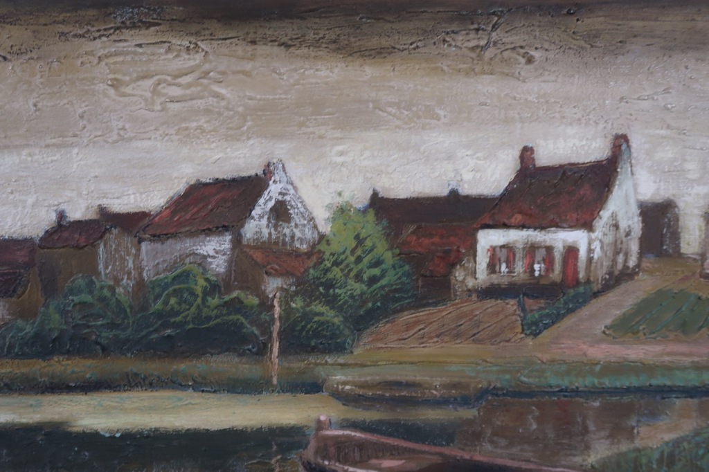 Alphonse Mora: Olieverf op paneel, Huisjes aan het water - Ingelijst (Groot) kopen? Bied vanaf 1!