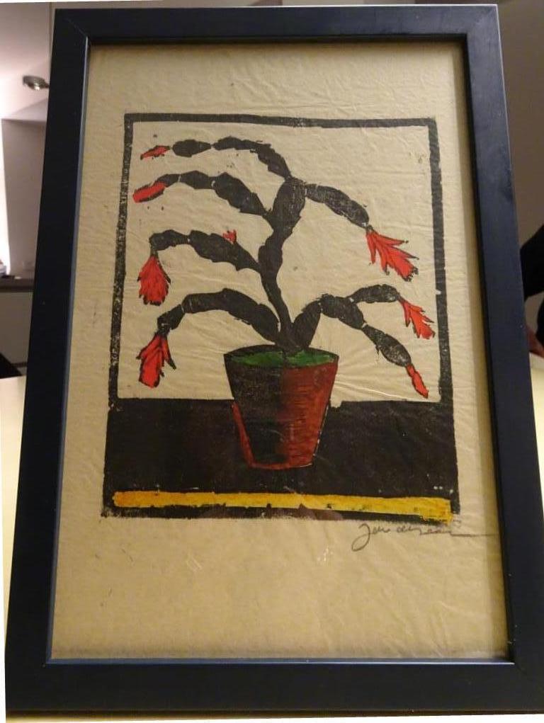 Jac de Bree, Houtdruk kleur, cactus in pot. kopen? Bied vanaf 20!