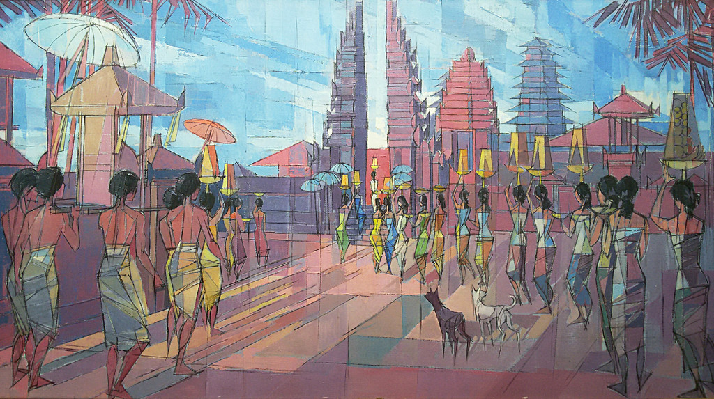 Balinese school - Offerdienst in tempel, verf op doek (bijzonder formaat, groot) kopen? Bied vanaf 150!