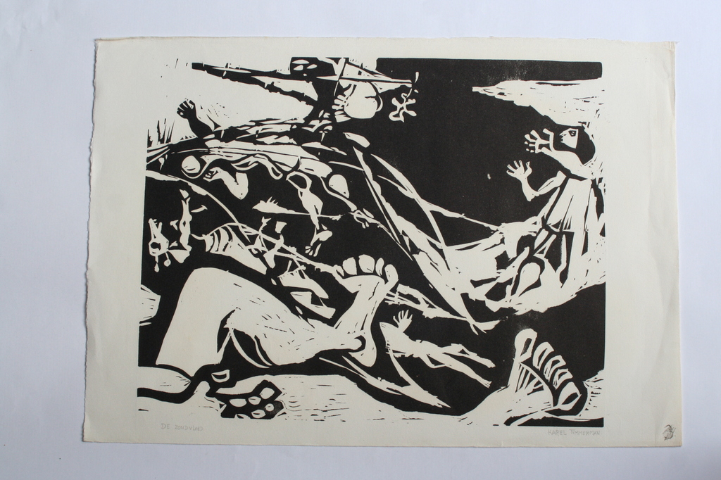Karel Timmerman - linodruk - De Zondvloed - circa 1968 - gesigneerd kopen? Bied vanaf 1!