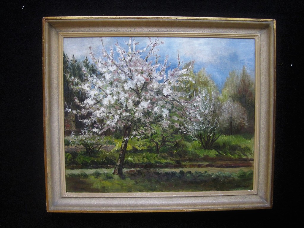 Alex C Rosemeier olieverf 1888-1992 "Bloesembomen in de Betuwe" gesigneerd  verkocht voor € 220!