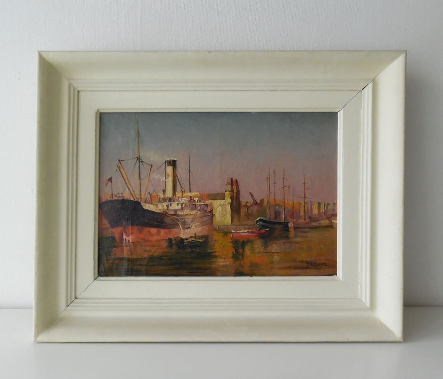 Havengezicht, olie op doek, onduidelijk gesineerd kopen? Bied vanaf 15!