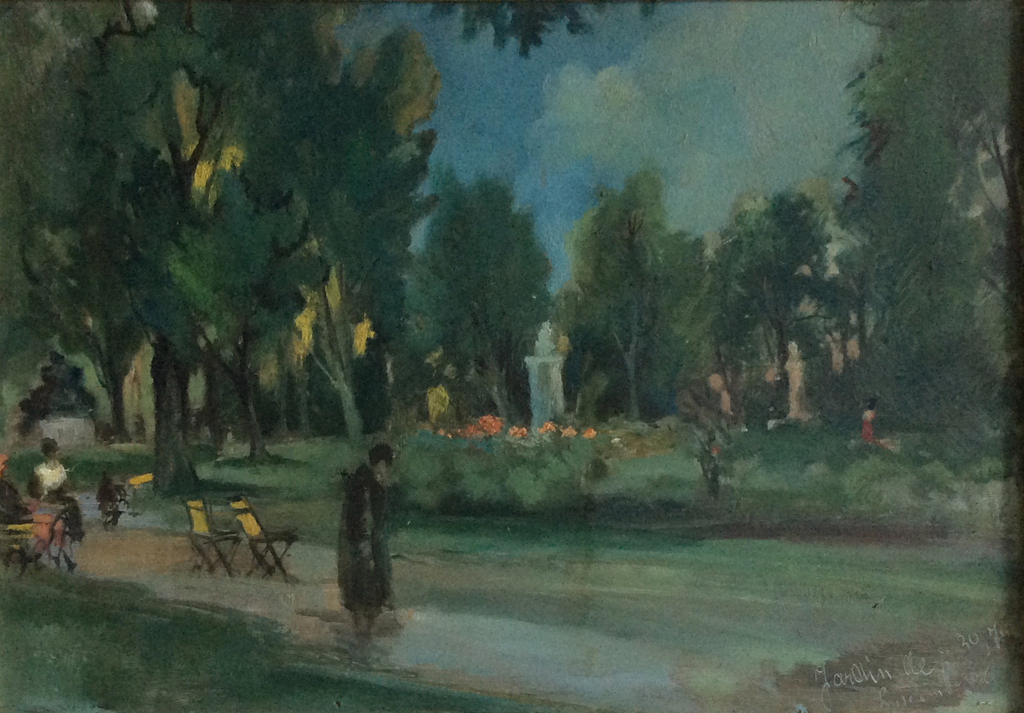 Onbekende kunstenaar - Jardin de Luxembourg, olieverf op paneel, gelijst verkocht voor € 75!