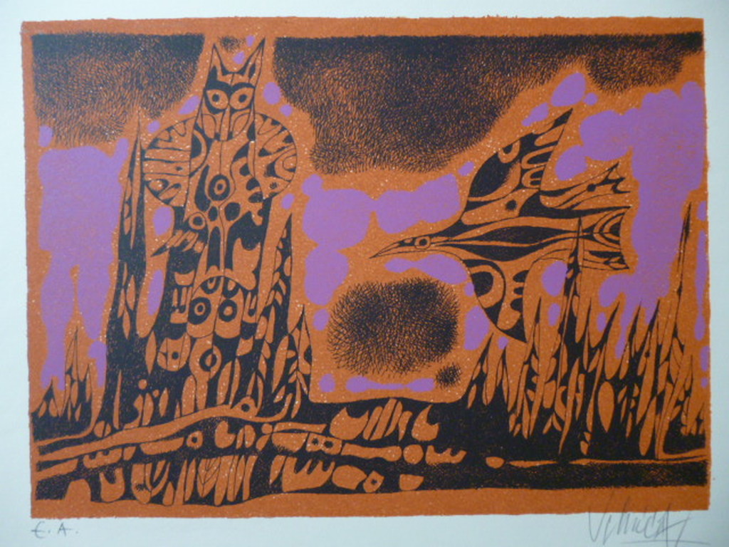 Yargo de Lucca - kleurenlitho - Dierfiguur en vogel verkocht voor € 55!